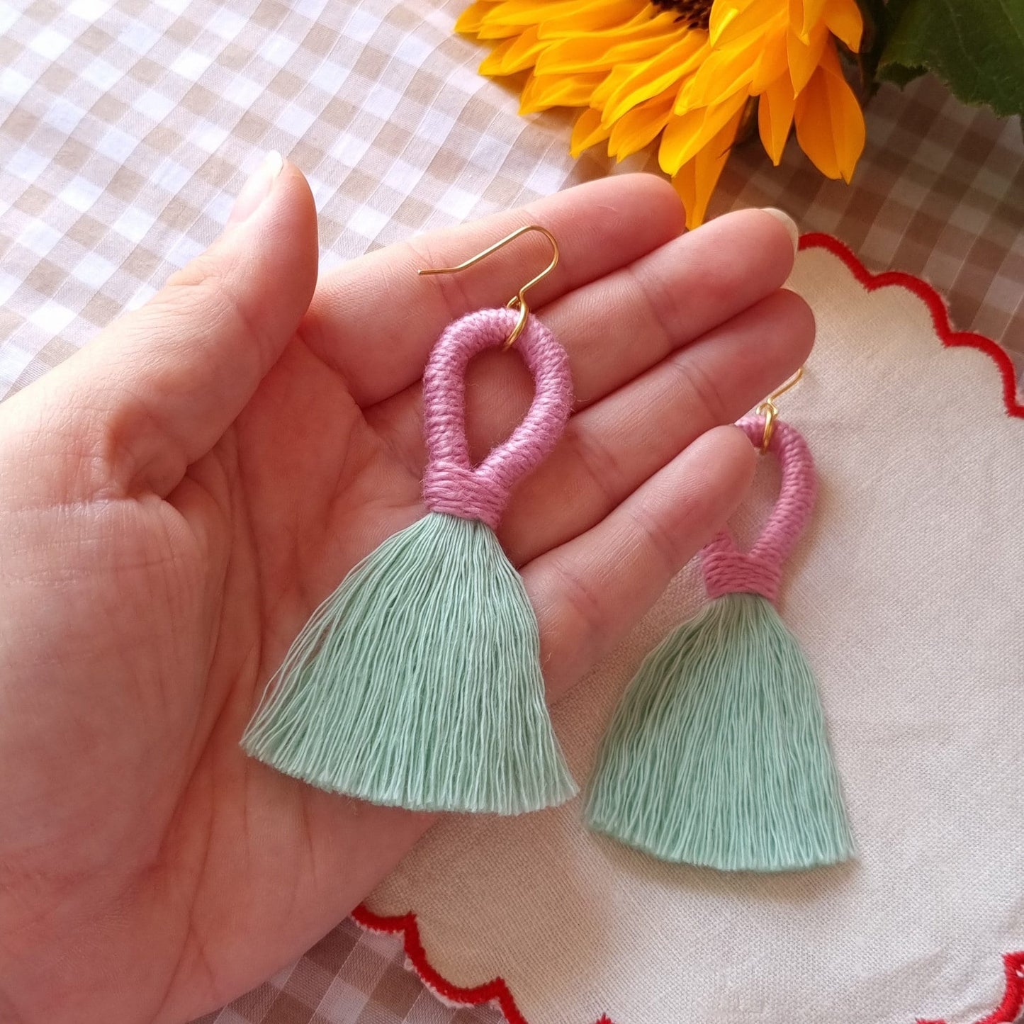 Macaron Pink and Green Tassel Earrings